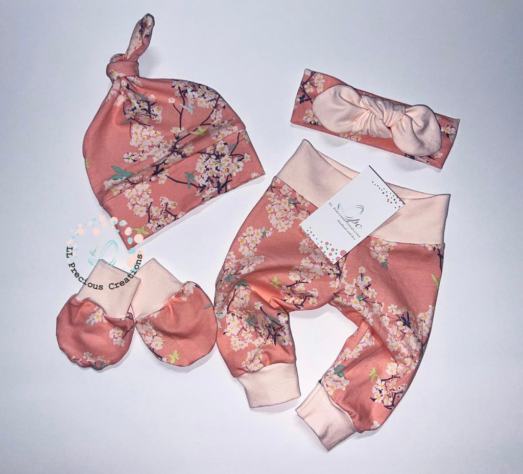 Pink Cherry Blossom floral baby girl outfit LOVED 
#llpreciouscreations #babygirloutfit #newbornoutfit #cominghomeoutfit #loved #newbornbabygirl #babyshowergift #babygift #newbornclothes #handmade 