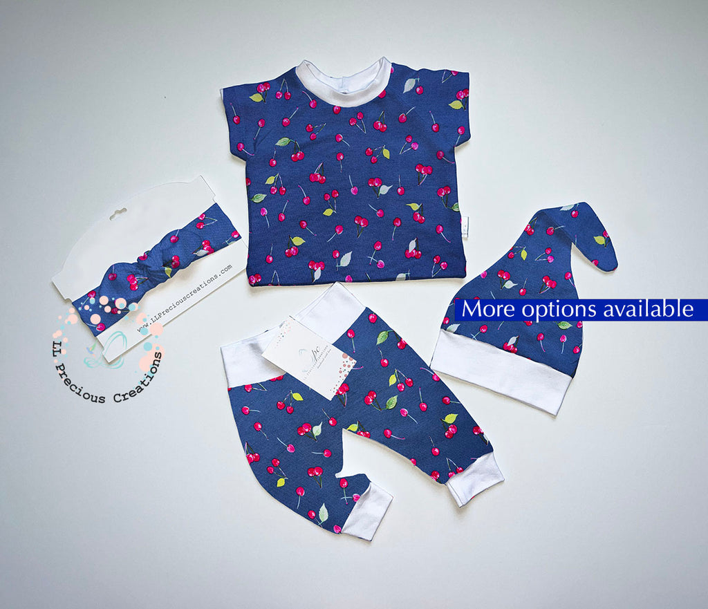Baby Girl Navy Red Cherries Outfit Set Baby Shower Gift #newbornbabyoutfit #hospitaloutfit #babyshowergift  #newbornbabygirl #newbornbaby #helloworld #cominghomeoutfit #llpreciouscreations #shopsmall #cominghomeoutfit #babyleggings #harempants #blueoutfit #redcherryoutfit #babyessentials #babyheadband #babygift #momtobegift 