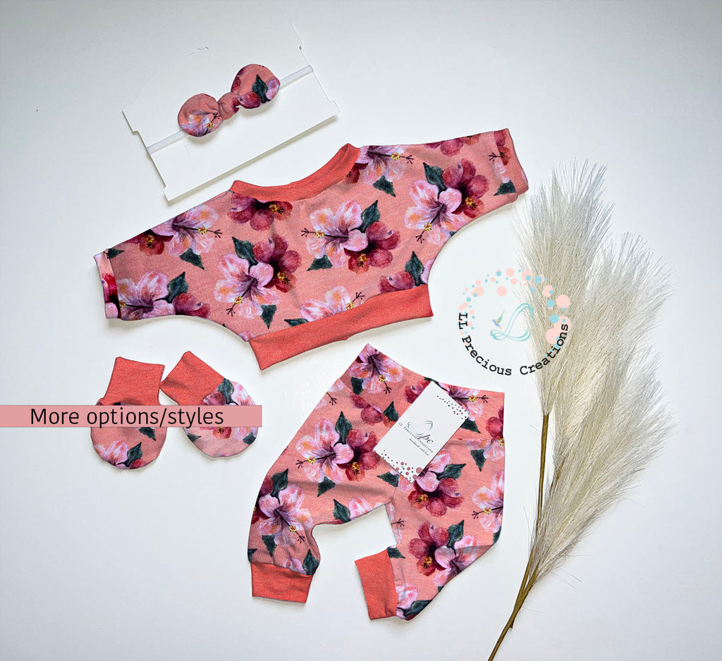 Coral Hibiscus Baby Girl Floral Outfit Crop Top Handmade Outfit #llpreciouscreations #babygirloutfit #coralfloraloutfit #cropbabytop #loungebabyoutfit #hightqualityoutfit #babygift #babyshowergift #newborbabygirl #toddlergirloutfit #babymittens #handmadeoutfit 