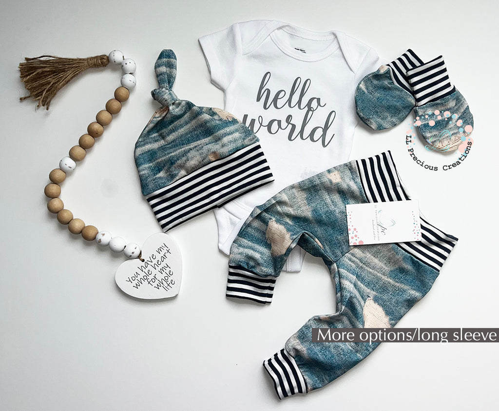 Organic Distressed Denim Hello World Outfit Set by LL Precious Creations
#llpreciouscreations #organicbabyoutfit #helloworld #genderneutraloutfit #distresseddenim #babybrother #newbornbabyboy #babygirloutfit #newbornboyoutfit #navyboyoutfit 
#cominghomeoutfit #babyhandmadeoutfit #navyoutfit #babyboygift #momtobegift #babyshowergift #newbaby #newborngift #giftfornewbornbaby #handnmade 