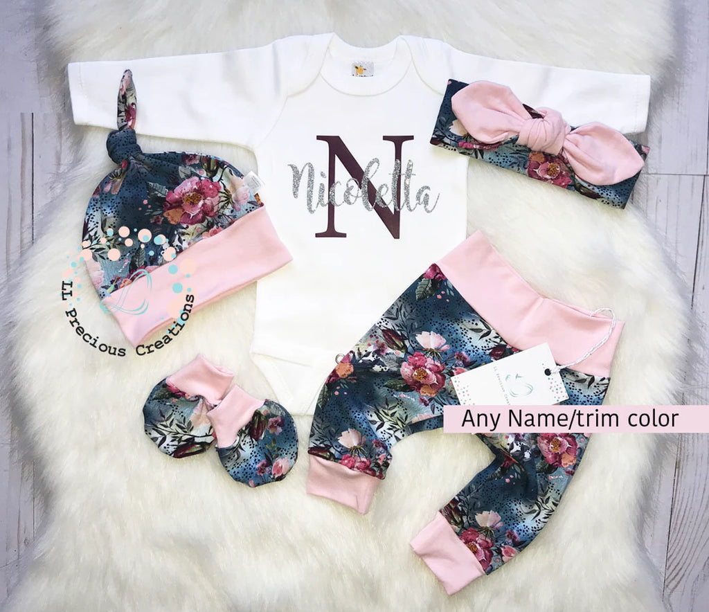 Organic Navy Floral Personalized Baby Girl Outfit Newborn Baby Gift 
#llpreciouscreations #newborngift #babyshowergift #personalizedgift #floralbabyoutfit #organicoutfit #newbornbabygirl #cominghomeoutfit