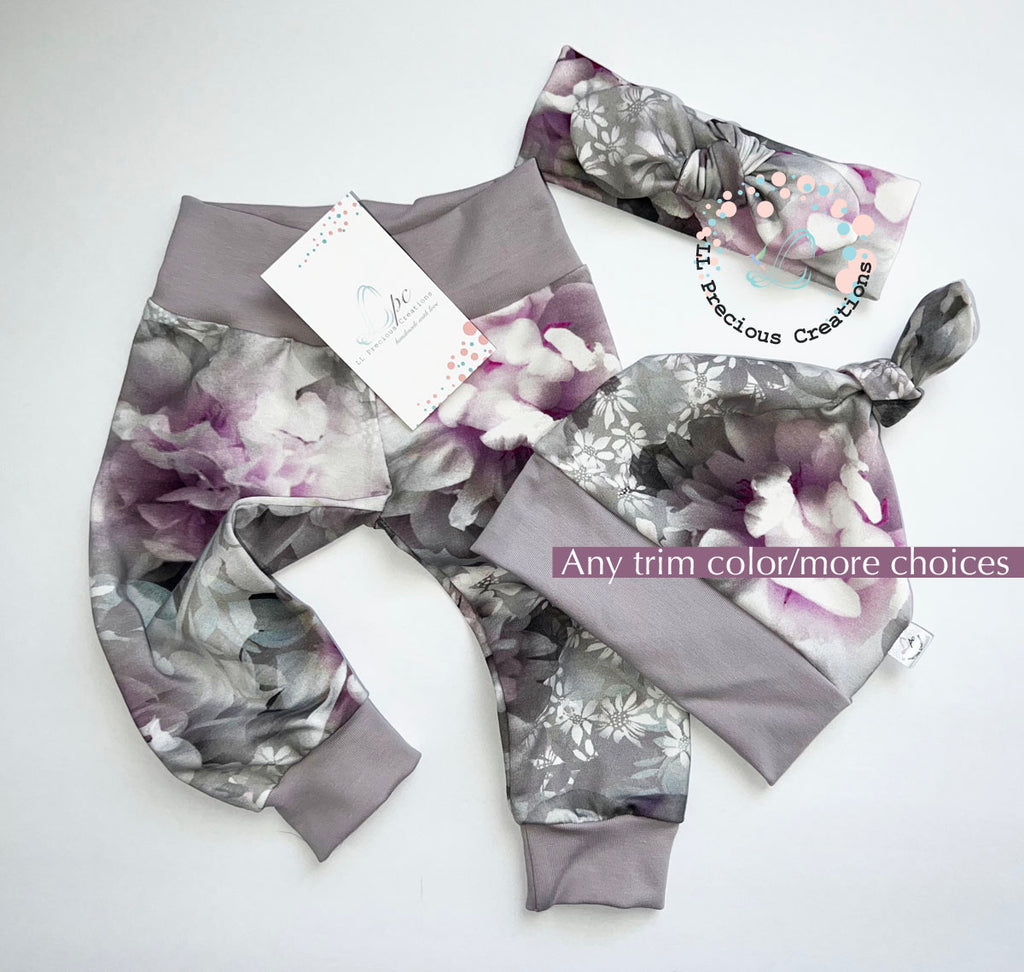 Grey Purple Organic Baby Girl Leggings Hat Headband Outfit #greyfloralbabyoutfit #organicoutfit #newbornbabygirl #newborngift #baby #cominghomeoutfit #babygirl #babyleggings #babypants #floralbabyoutfit #babygirlclothes #llpreciouscreations