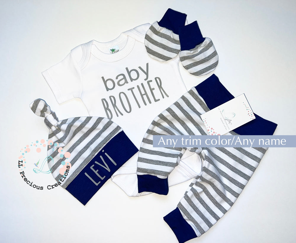 Personalized Baby Boy Grey Stripes Outfit Baby Brother Set by LL Precious Creations
#llpreciouscreations #newbornbabyboy #newbornboyoutfit #Personalizedbabyhat
#cominghomeoutfit #babyhandmadeoutfit #greystripesoutfit #bayboygift #momtobegift #babyshowergift #newbaby #newborngift #giftfornewbornbaby #handnmade 