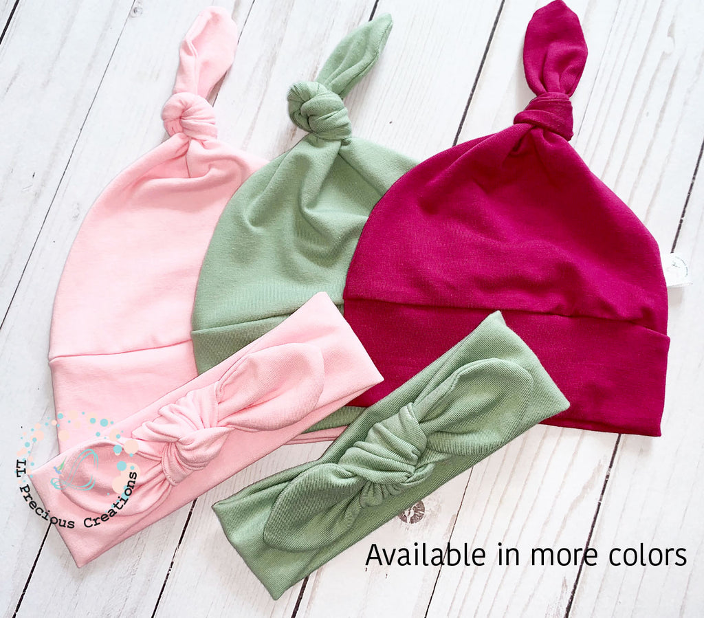 Solid Color Baby Beanie Hat Headband Set Boy or Girl 