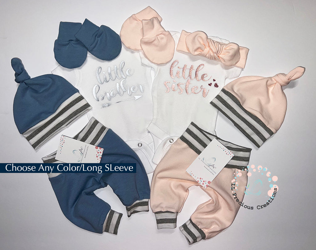 Twin Matching Coming Home Outfits Little Brother Little Sister LLPreciouscreations #llpreciouscreations #littlesister #littlebrother #twins #newborntwins #babyboyoutfit #babygirloutfit #cominghomeoutfit #personalizedoutfit #newborntwins #babygift #babyshowergift #hospitalbabyoutfit #handmade #boygirltwins #matchingbabyoutfits #siblingoutfits #babyclothes