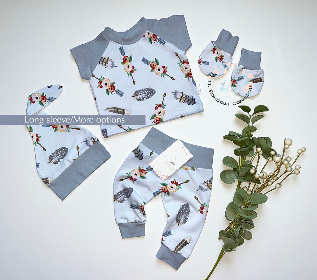 Baby Girl Boho Grey Floral Pant Outfit Handmade Coming Home Outfit #llpreciouscreations #babygirloutfit #BOHOfloraloutfit #Shortsleevetop #loungebabyoutfit #hightqualityoutfit #babygift #babyshowergift #newborbabygirl #toddlergirloutfit #babymittens #handmadeoutfit 
#greyfloraloutfit #babyfloralleggings #floralpants #babybow #floralmittens #greyclothes #raglanbabyshirt #handmade #featherbohoclothes #cominghomeoutfit #babygift #babyshowergift