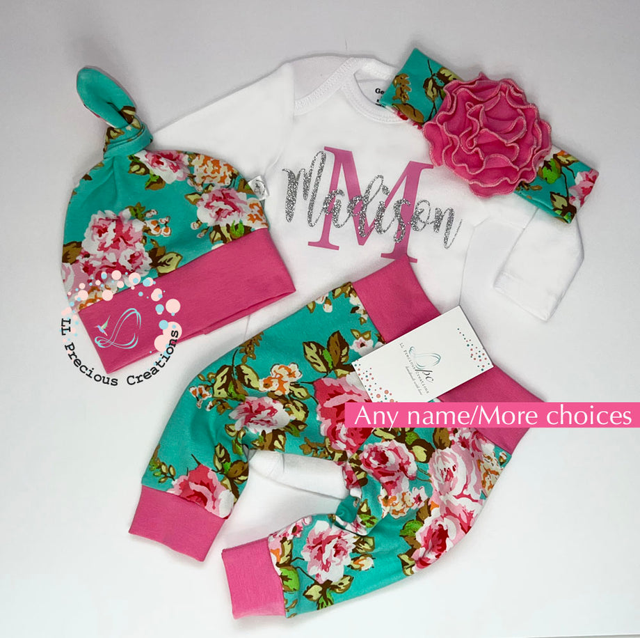 Newborn Baby Girl Personalized Baby Outfit Floral Teal LL Precious Creations