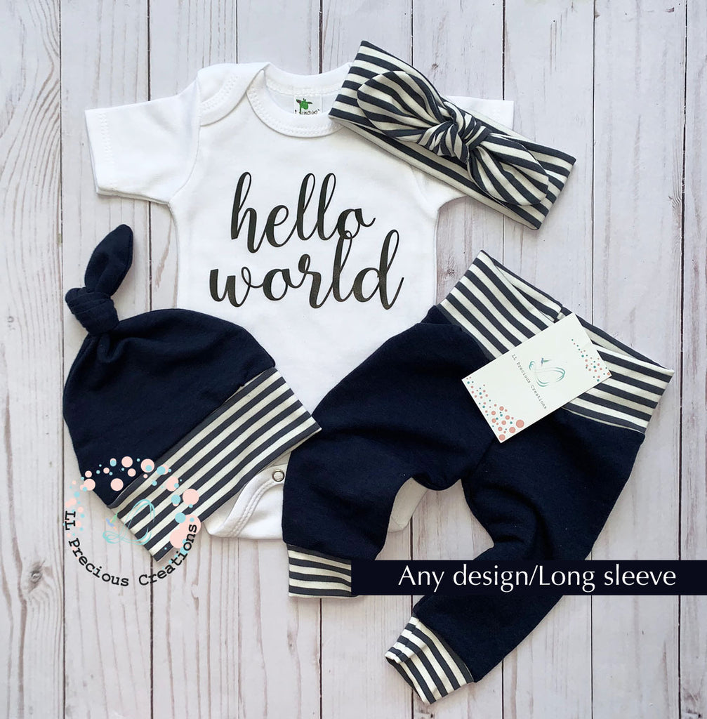 Hello World Newborn Baby Girl Outfit Gender Neutral Clothes #llpreciouscreations #helloworld #navybabyoutfit #babyleggings #cominghomeoutfit #Newbornbabygirl #newbornbaby #newbornbabyboy #genderneutraloutfit #bluebabyoutfit #Cominghomeoutfit