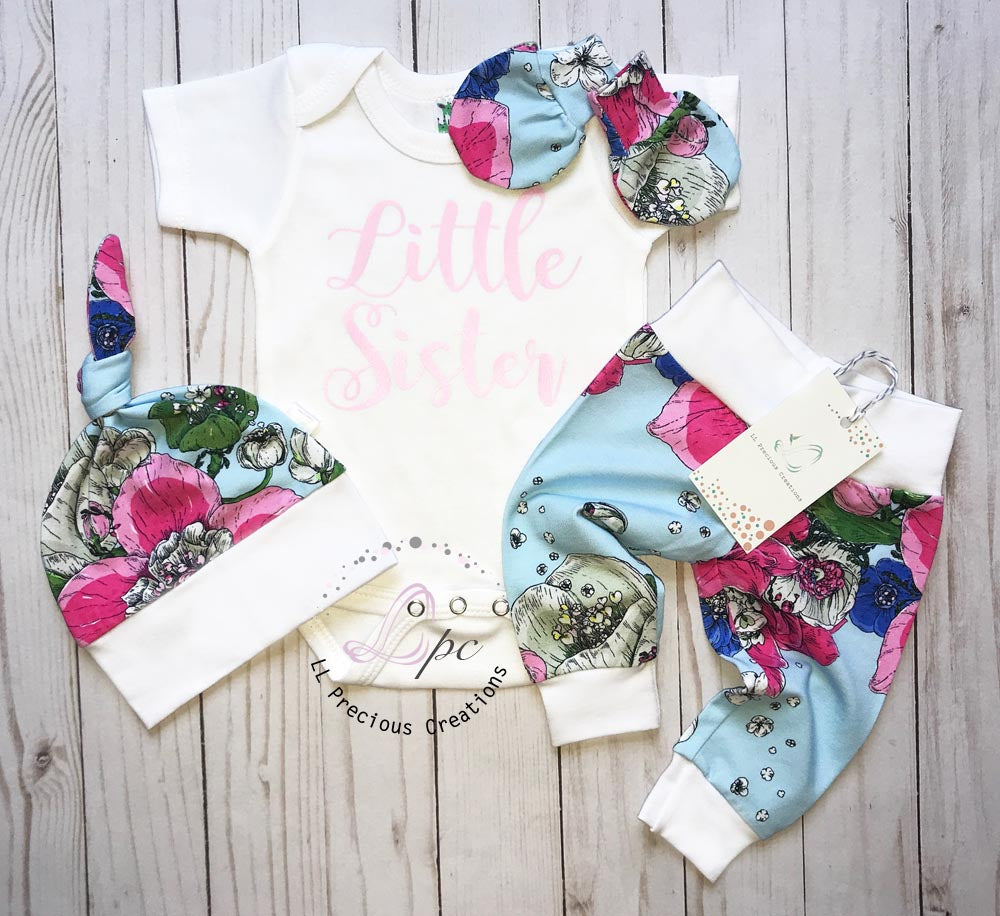 Little Sister Baby Girl Floral Coming Home Outfit – LL Precious Creations