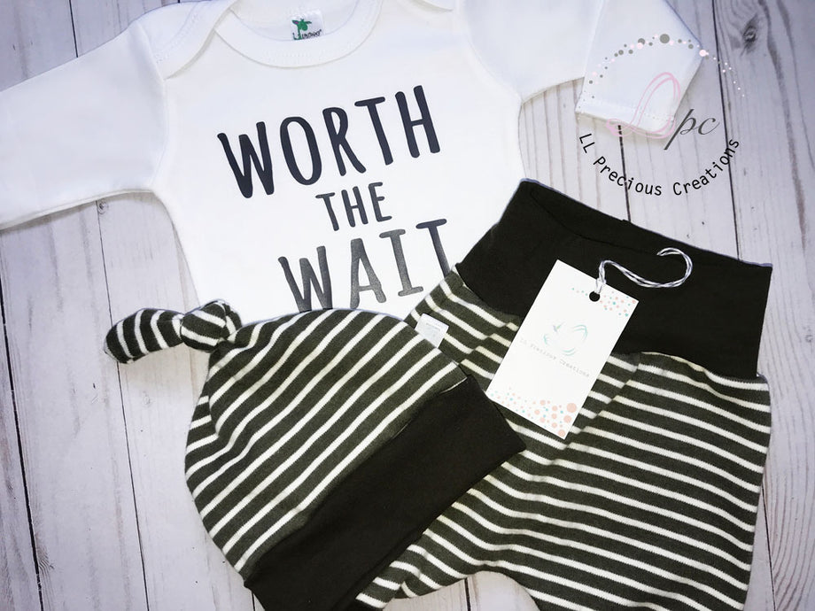 Worth the Wait Baby Boy Harem Pants Outfit Olive Stripes – LL