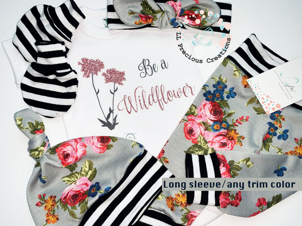 Baby Girl Wildflower Grey Floral Coming Home Outfit Newborn Baby Girl Set #llpreciouscreation #shophandmade #newbornbabygirl #cominghomeoutfit #babygift  #shopsmall #babshowergift #beaWildflower #greyfloraloutfit #floralbabyclothes 