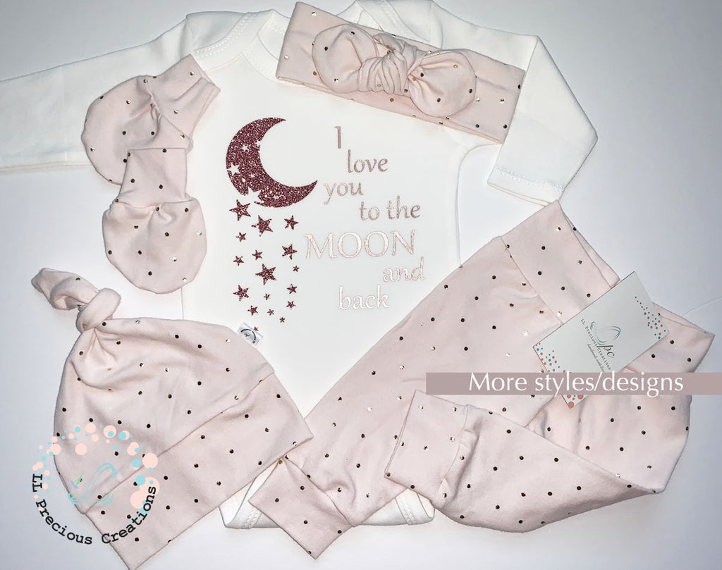 I love you to the Moon and back Baby Girl Blush Outfit #llpreciouscreation #cominghomeoutfit #newbornbabygirl #pinkbabyoutfit #babyshowergift #Iloveyoutothemoon #newbornbabygirloutfit 