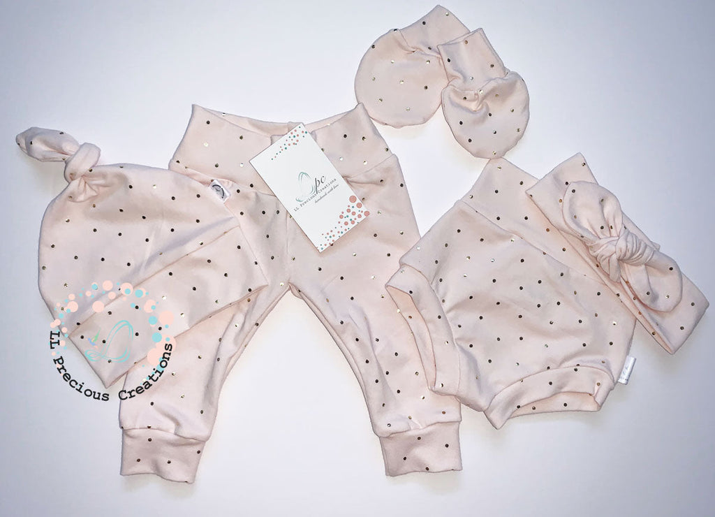 LL Precious Creations Newborn baby girl outfit Blush Gold polka dots set